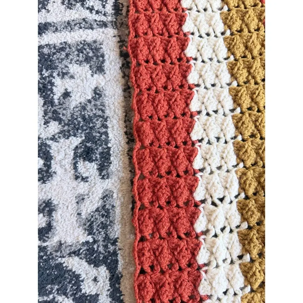 Vintage 70s Handmade Striped Crochet Afghan Orange/yellow/cream Blanket 50x42